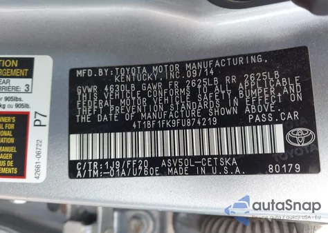 2015 Toyota Camry Se from USA, damaged, VIN 4T1BF1FK9FU874219